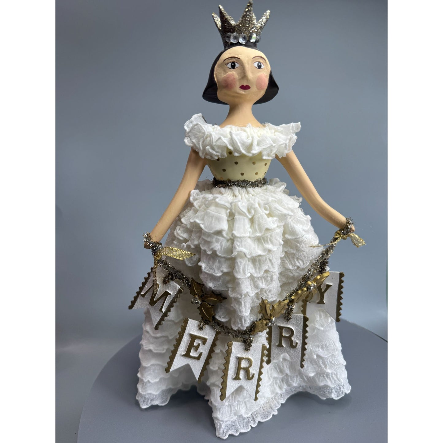 Heather Myers Christmas Queen Doll Merry Banner White Ruffle Dress 11.5" Signed