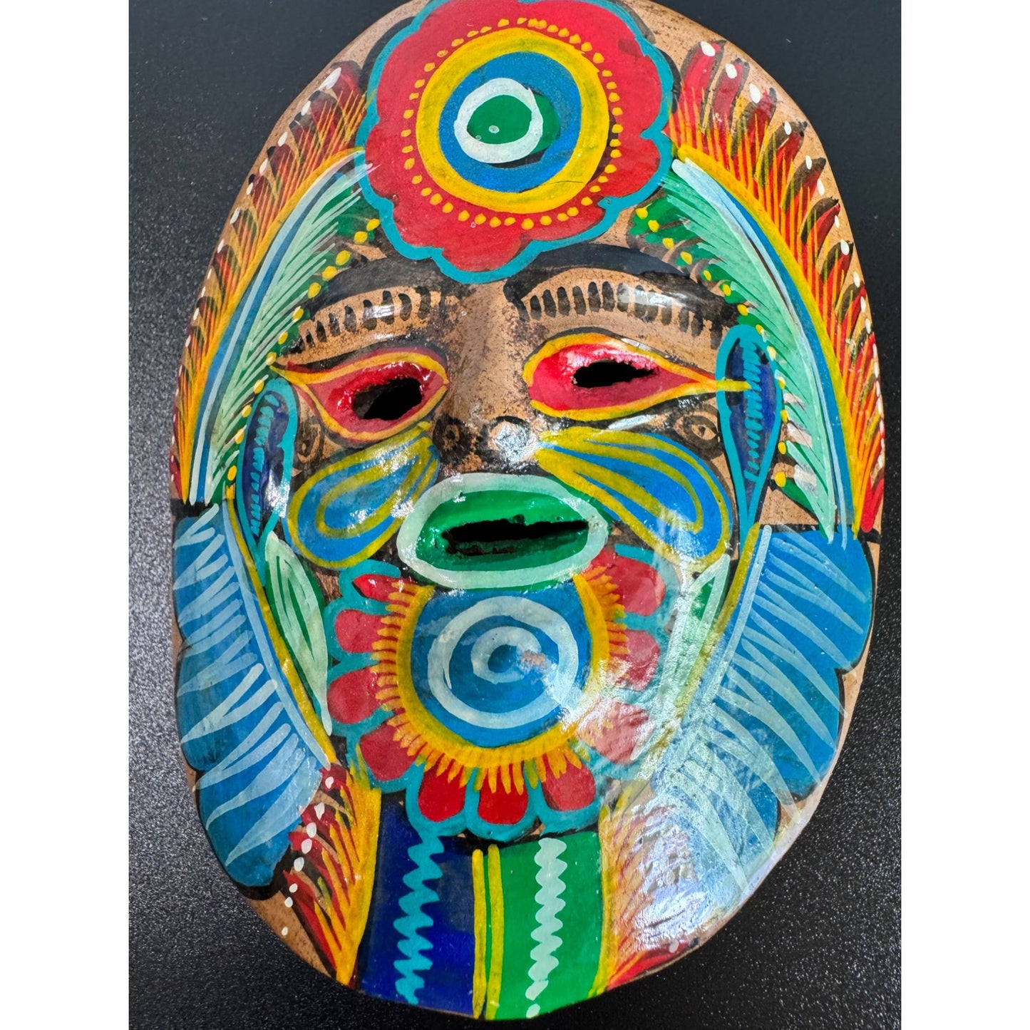 Vintage Yucatan Mexico Folk Art Ceramic Mask Hand Painted Wall Hanging 1989