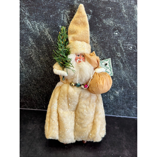 Trissy Crenshaw Folk Art Spun Cotton Santa Claus Hand Made Primitive Ornament 7"