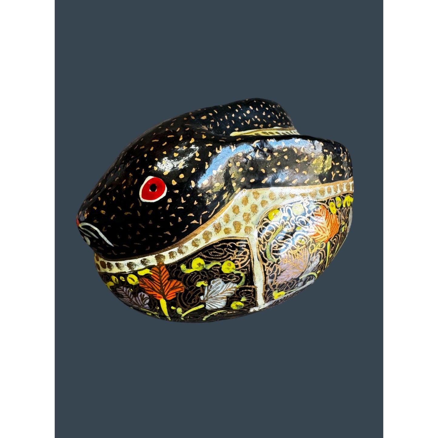 Sudha Style Hand Painted Papier Mache Rabbit Trinket Box Black Floral 4"