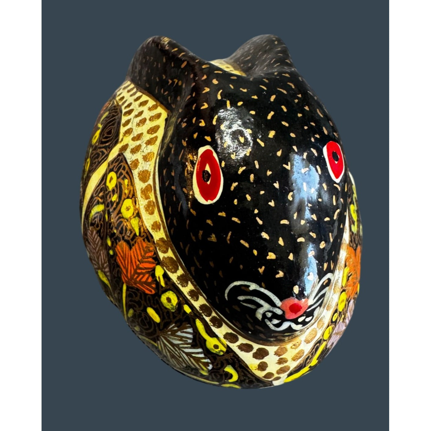 Sudha Style Hand Painted Papier Mache Rabbit Trinket Box Black Floral 4"