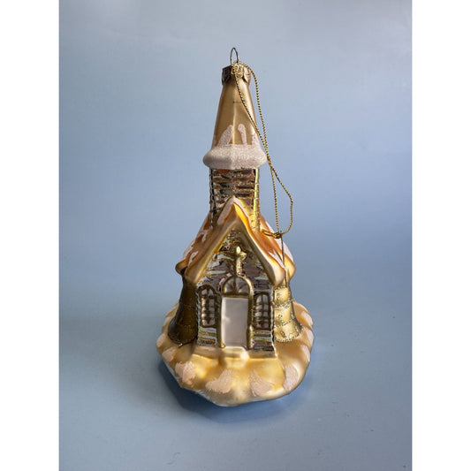 Katherine's Collections Glass Christmas Church Ornament W/Glitter Accents & Hanging Loop Gold & White