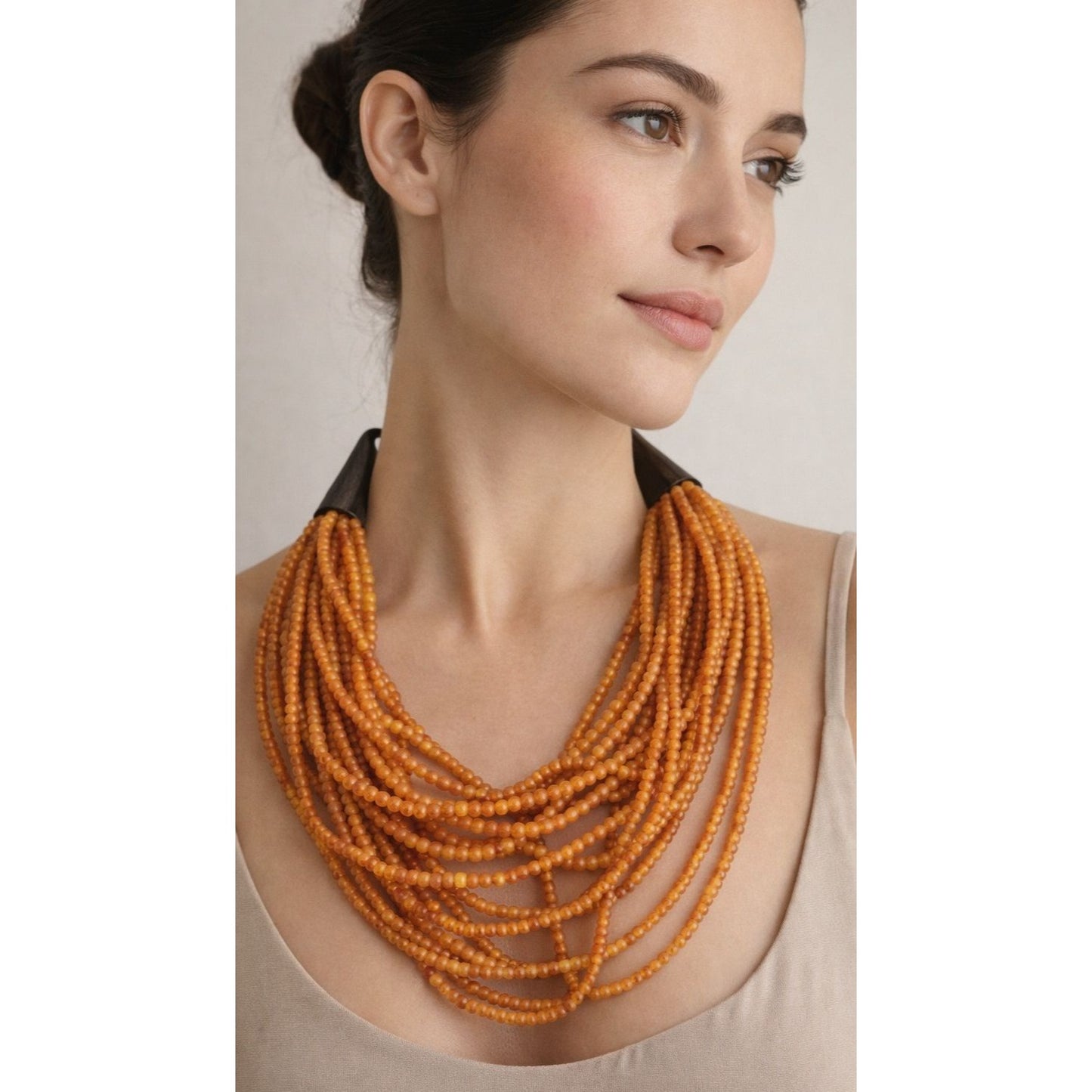 Gerda Lynggaard Monies Vintage Amber Bead 12 Strand Horn Necklace 17"