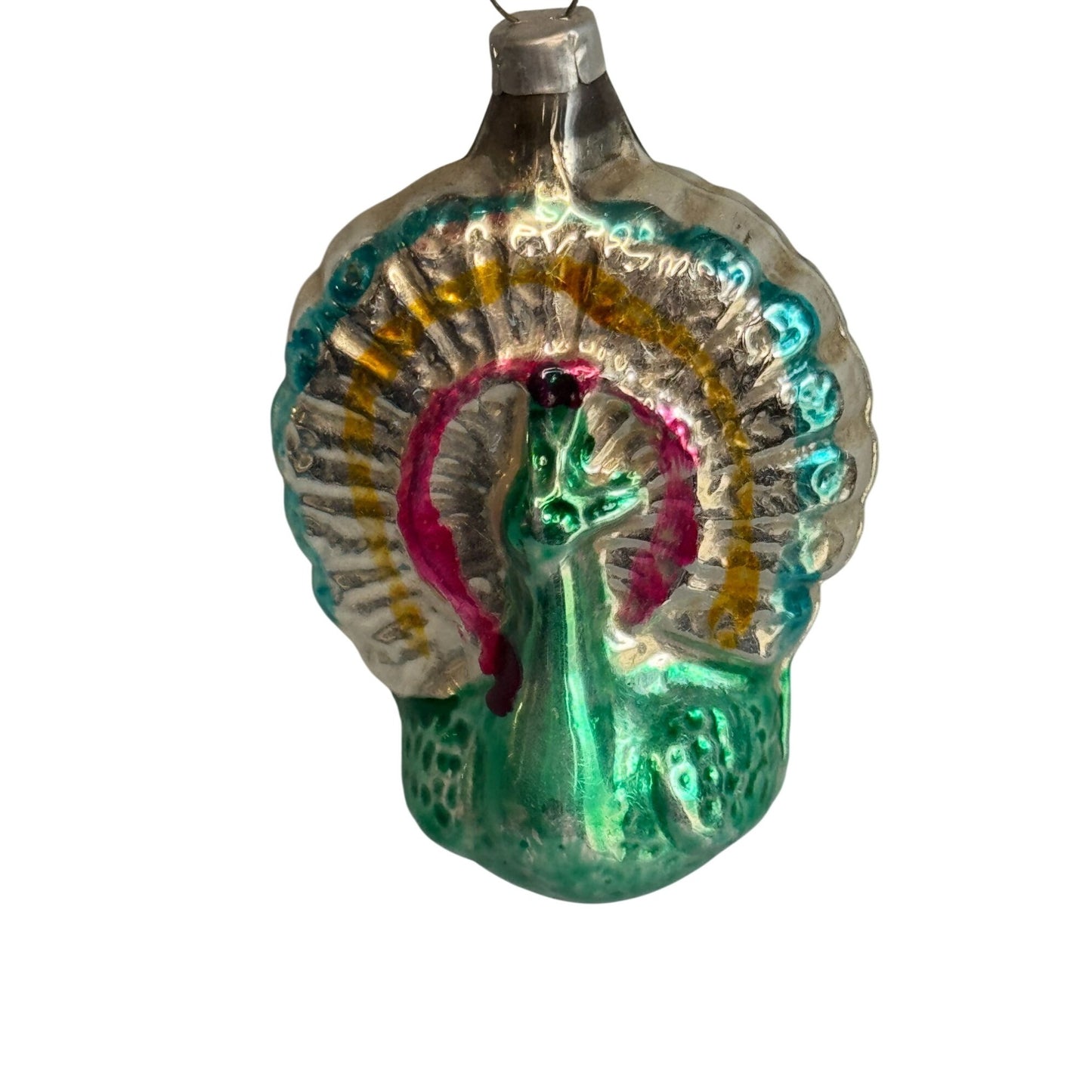 Vintage German Molded Peacock Figural Glass Christmas Ornament 2 1/3" x 1 3/4"