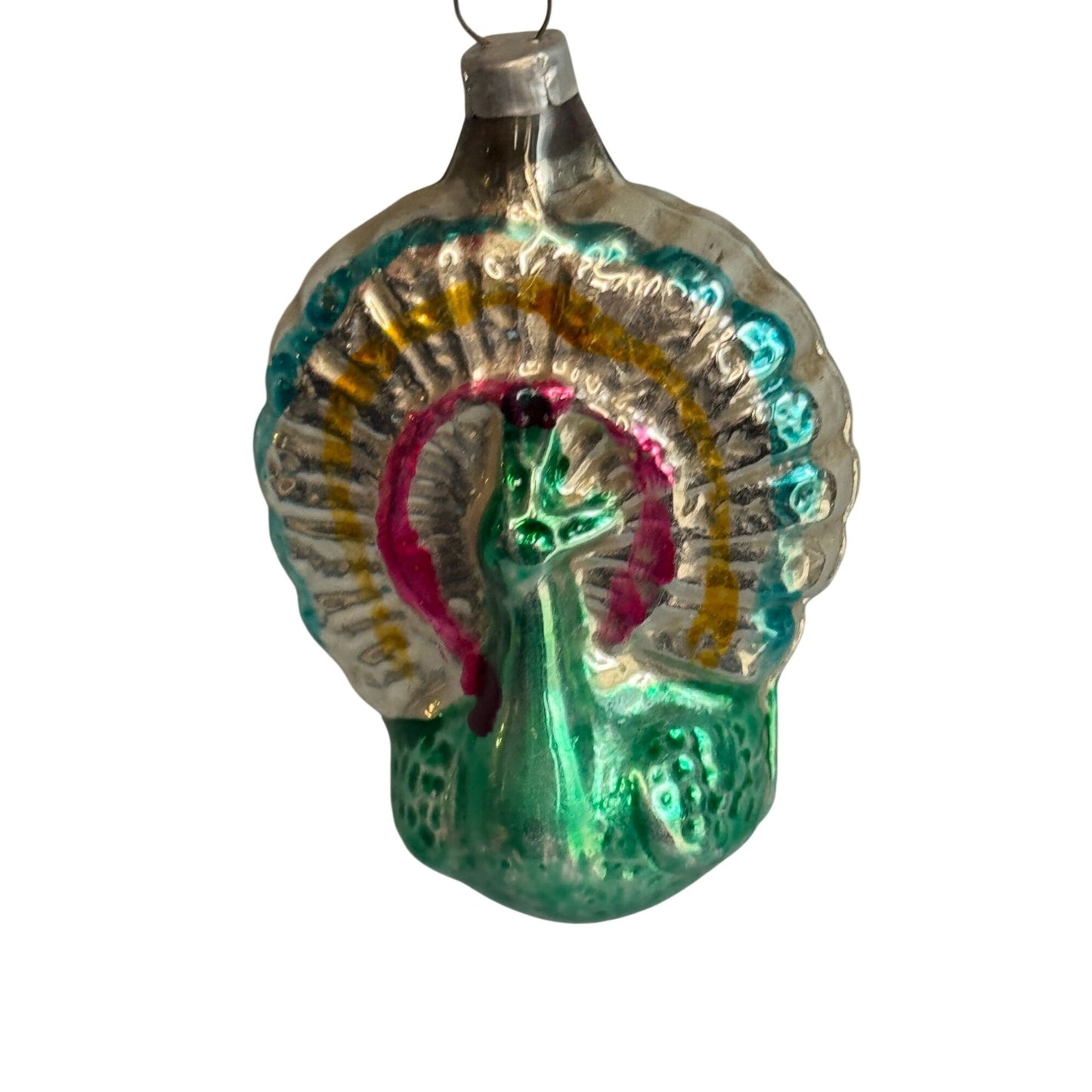 Vintage German Molded Peacock Figural Glass Christmas Ornament 2 1/3" x 1 3/4"