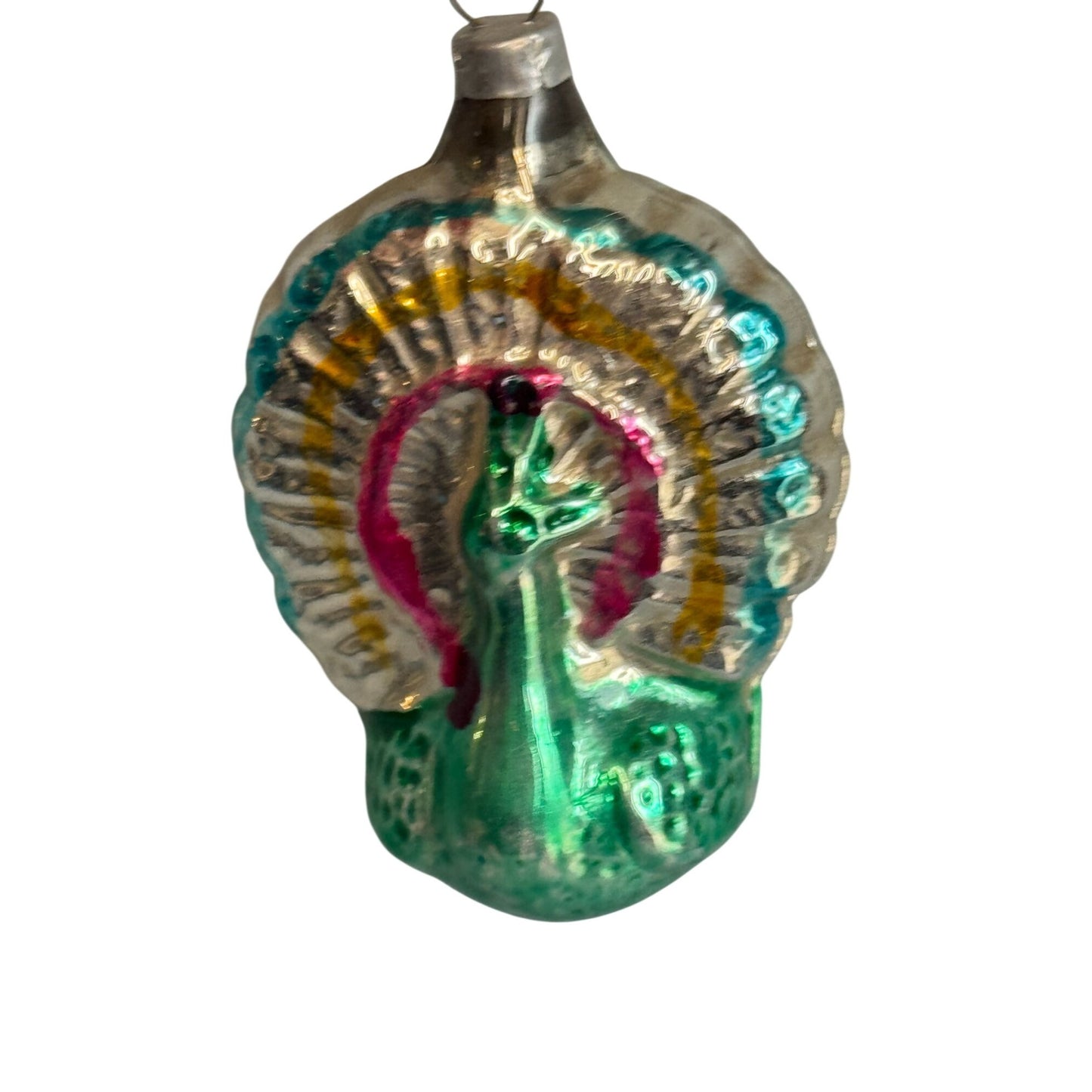 Vintage German Molded Peacock Figural Glass Christmas Ornament 2 1/3" x 1 3/4"