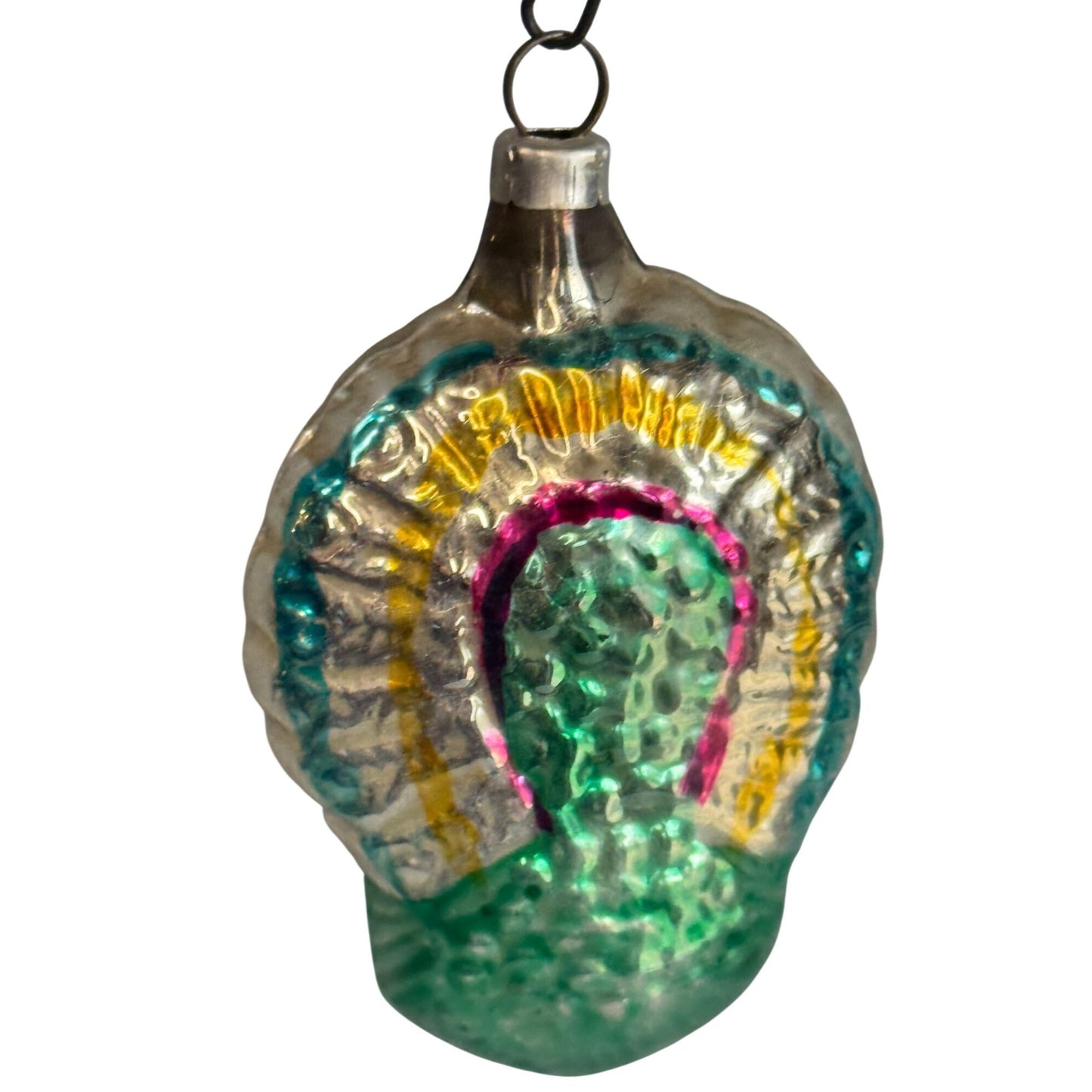 Vintage German Molded Peacock Figural Glass Christmas Ornament 2 1/3" x 1 3/4"