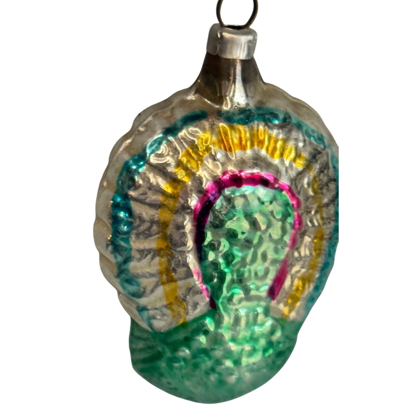 Vintage German Molded Peacock Figural Glass Christmas Ornament 2 1/3" x 1 3/4"