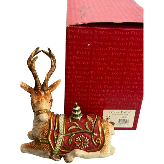 Fitz & Floyd Winter Holiday Santa Deer Lidded Reindeer Jar With Box