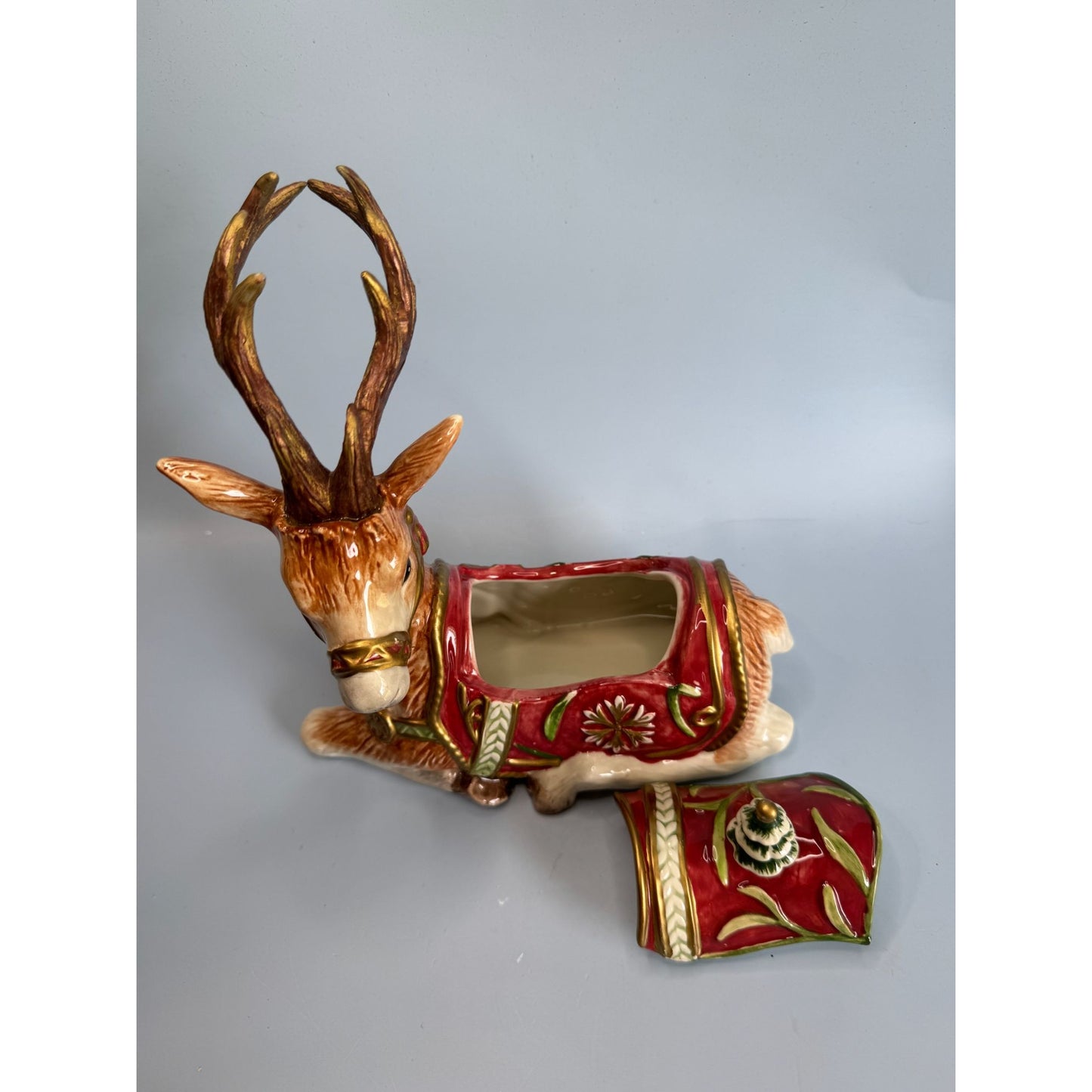 Fitz & Floyd Winter Holiday Santa Deer Lidded Reindeer Jar With Box
