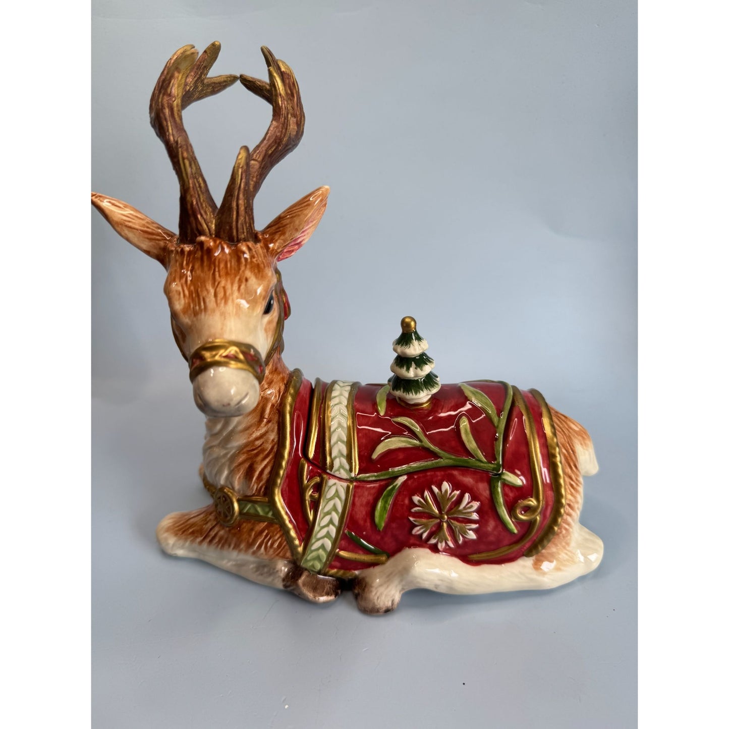 Fitz & Floyd Winter Holiday Santa Deer Lidded Reindeer Jar With Box
