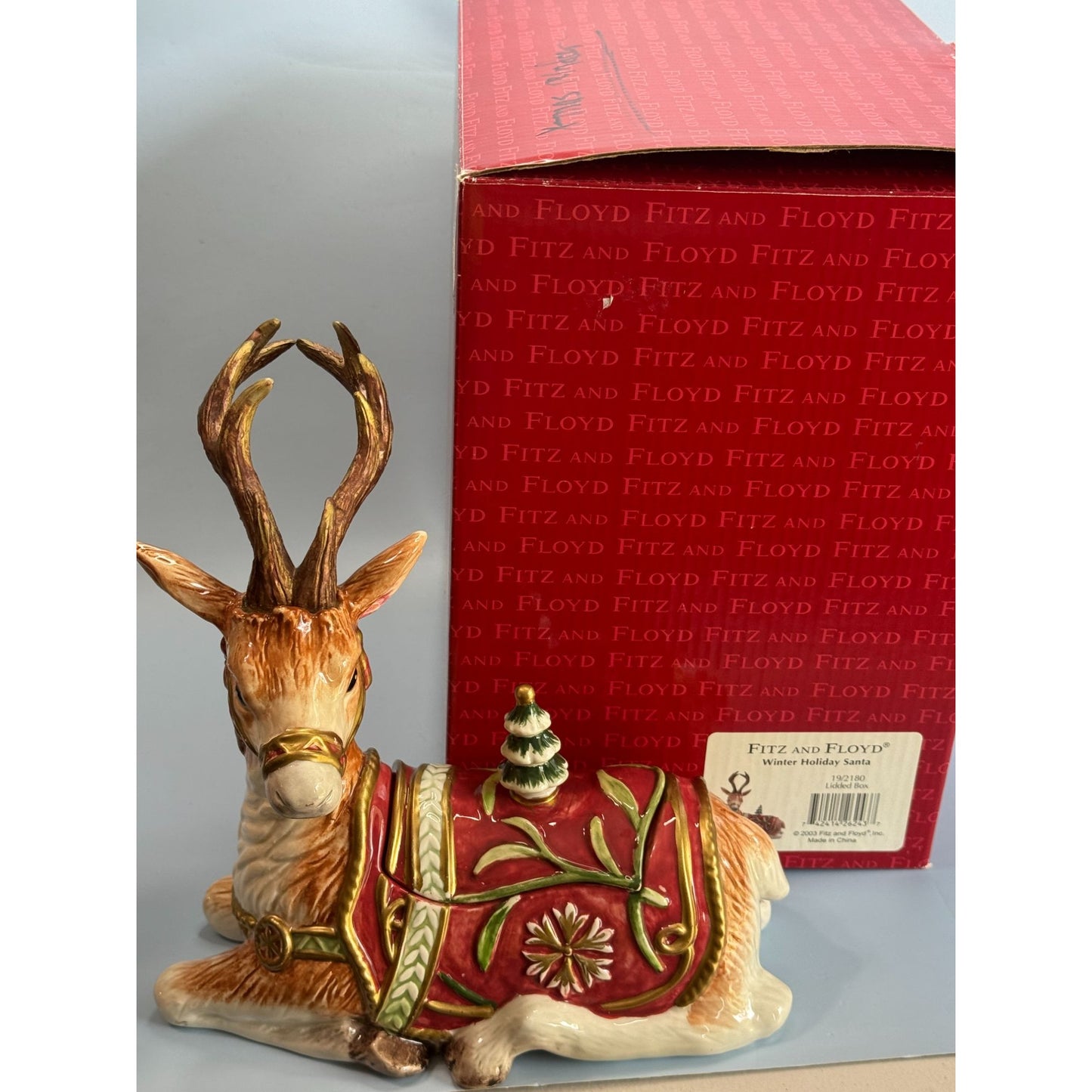 Fitz & Floyd Winter Holiday Santa Deer Lidded Reindeer Jar With Box