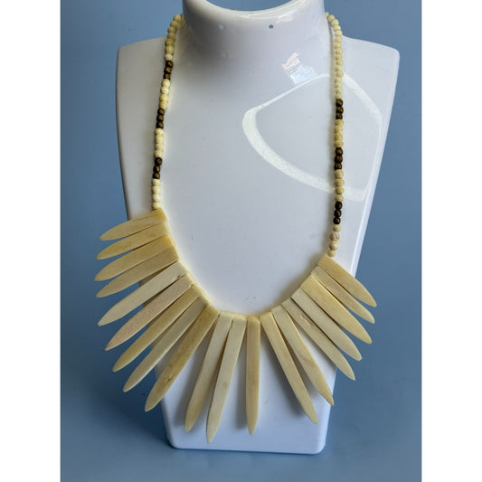 Natural Cow Bone Beaded Tribal-Inspired Necklace With Pointed Pendant Design & Adjustable Length
