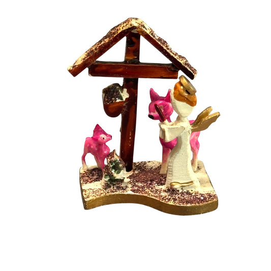 Vintage Japan Christmas Nativity Figurine Pink Deer Angel Gold Base Rare Novelty