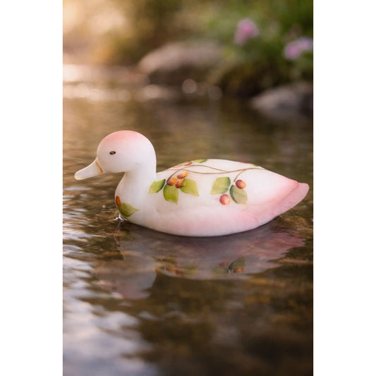Fenton Duck Hand Painted Floral Satin Glass Pink Blush Signed 5"