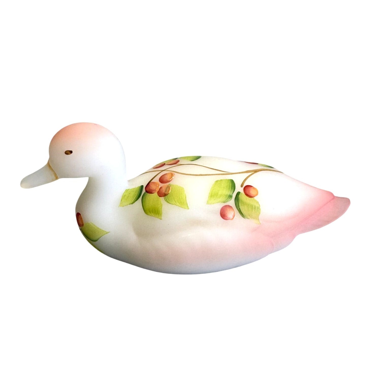 Fenton Duck Hand Painted Floral Satin Glass Pink Blush Signed 5"