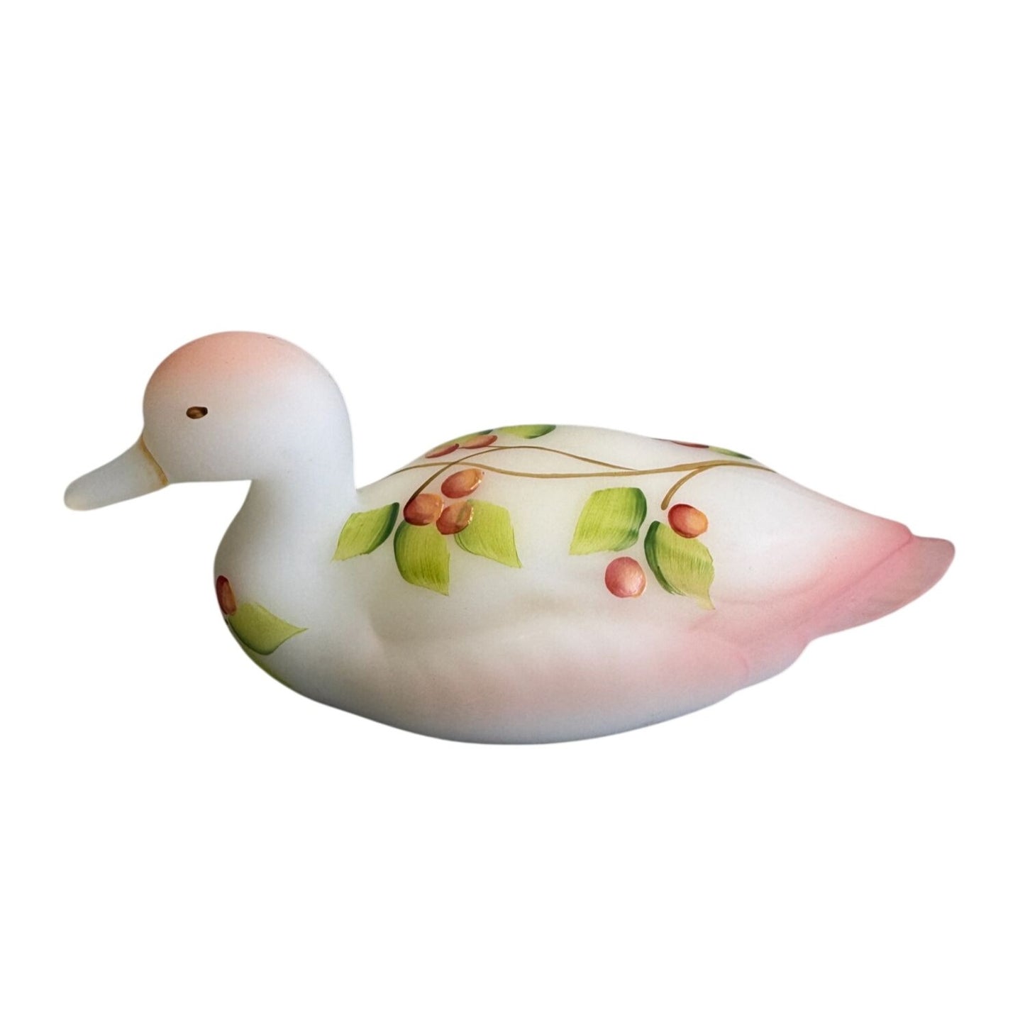 Fenton Duck Hand Painted Floral Satin Glass Pink Blush Signed 5"