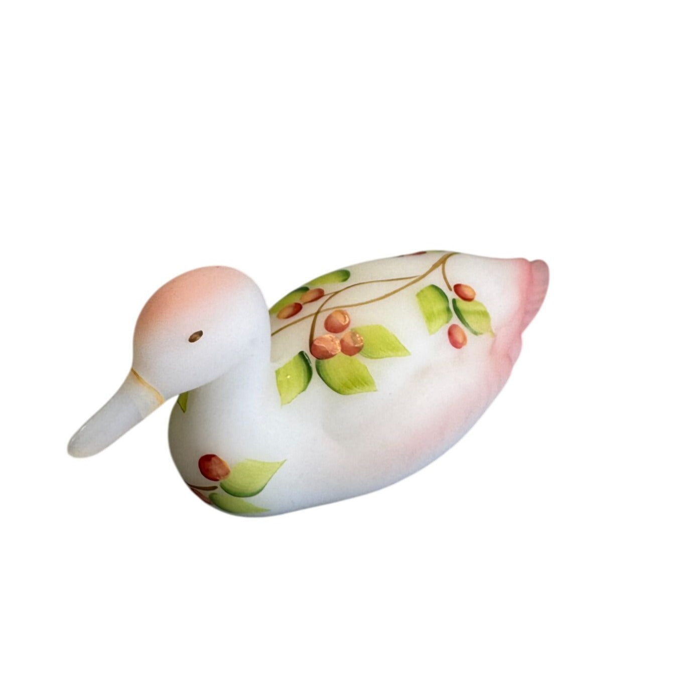 Fenton Duck Hand Painted Floral Satin Glass Pink Blush Signed 5"