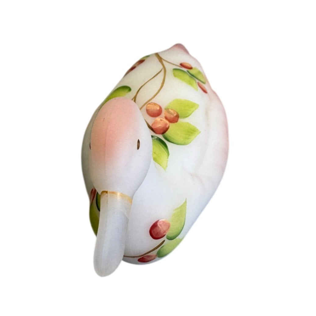 Fenton Duck Hand Painted Floral Satin Glass Pink Blush Signed 5"