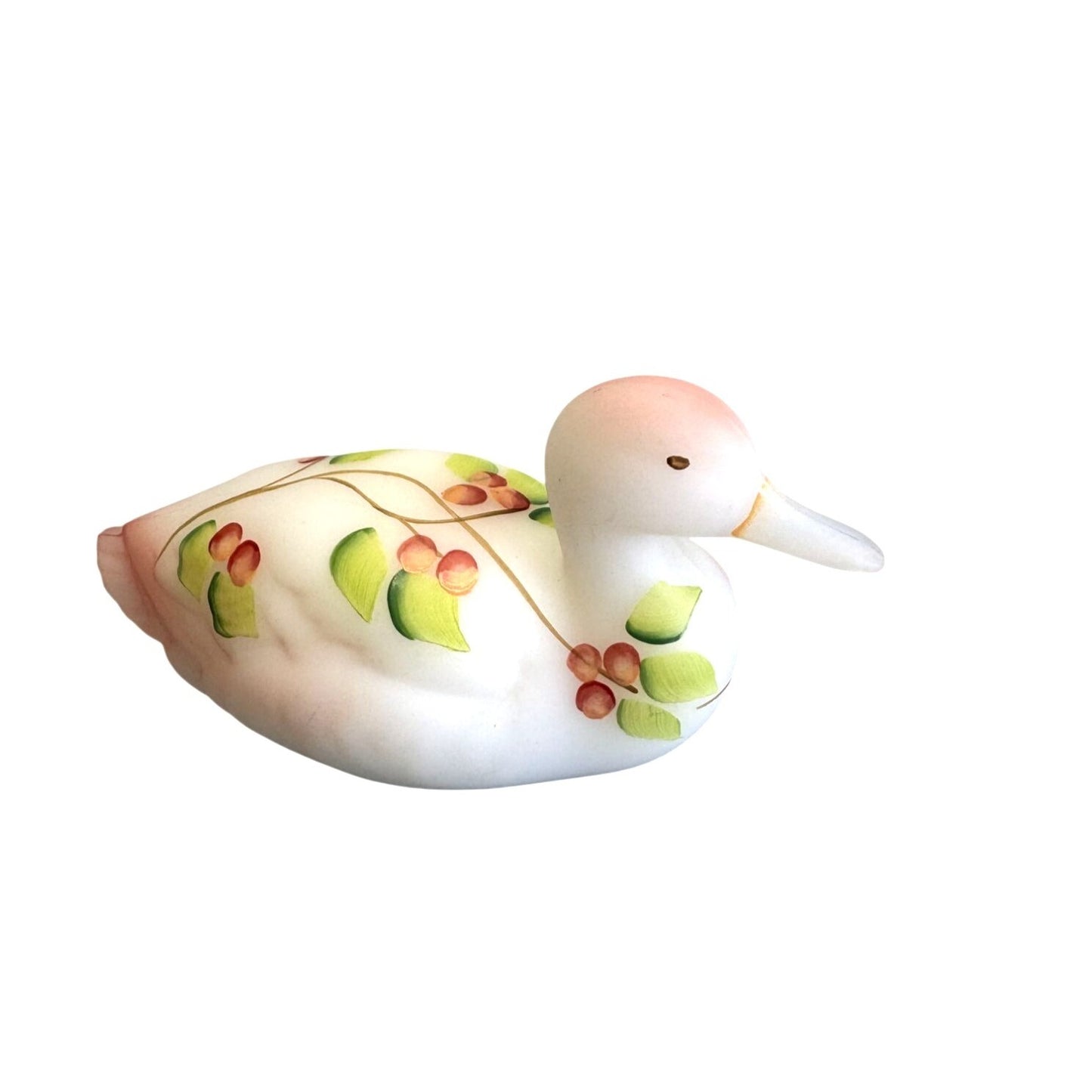 Fenton Duck Hand Painted Floral Satin Glass Pink Blush Signed 5"