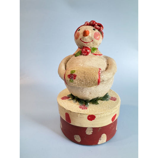 Vintage Penny Mcallister Paper Mache Snowgirl Box Christmas Figurine Folk Art 7"