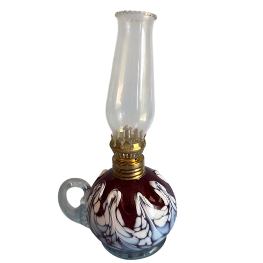 Mt St Helens Original Glass Oil Lamp 9 In White Blue Red Swirl Pattern