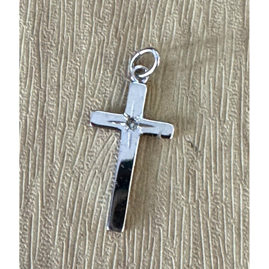 Sterling Silver Cross Charm Pendant With Diamond Chip Accent 3/4 Inch Mini Carlas Fine Jewelry