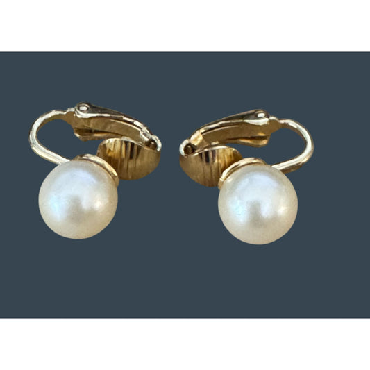 Crown Trifari Clip-On Earrings Faux Pearl Gold Tone Vintage Style