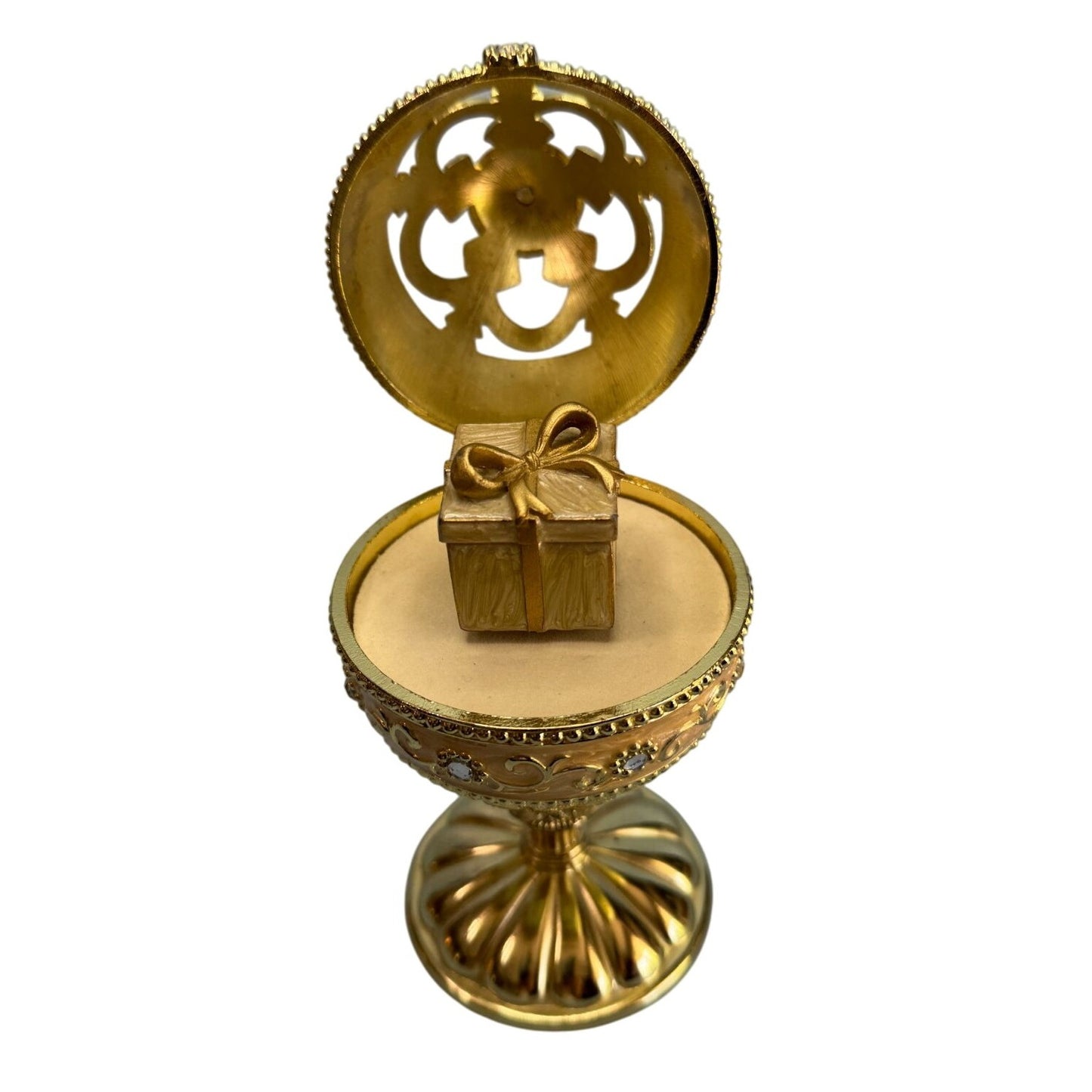 Jane Seymour Musical Box Egg Goldtone Metal Rotating 7 In St. Catherines Court