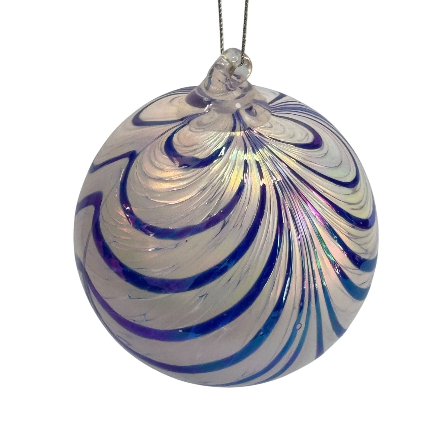 Handblown Glass Friendship Ball Ornament Blue Iridescent Swirl 4 Inch