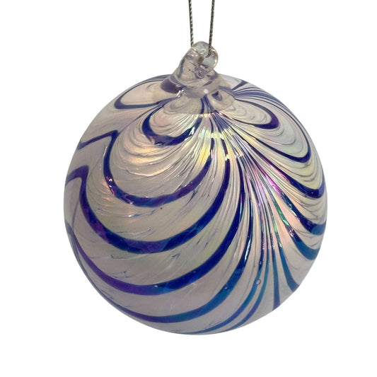Handblown Glass Friendship Ball Ornament Blue Iridescent Swirl 4 Inch
