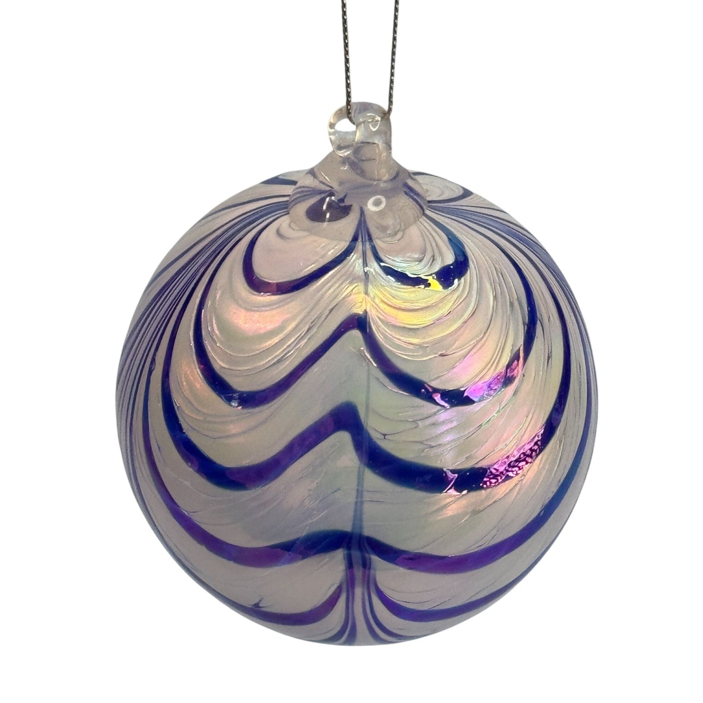 Handblown Glass Friendship Ball Ornament Blue Iridescent Swirl 4 Inch
