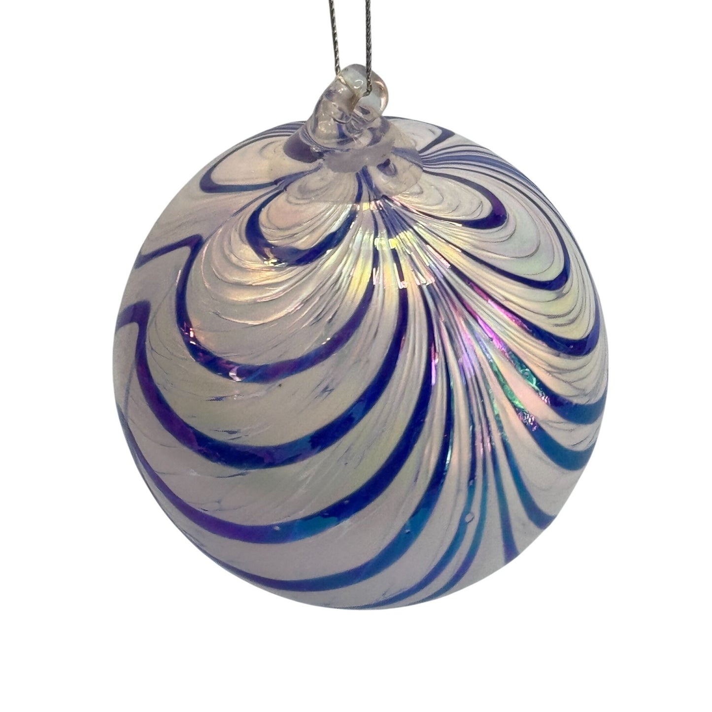 Handblown Glass Friendship Ball Ornament Blue Iridescent Swirl 4 Inch