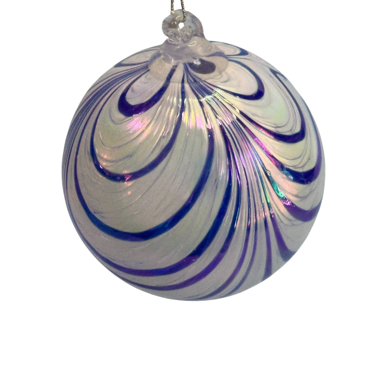Handblown Glass Friendship Ball Ornament Blue Iridescent Swirl 4 Inch