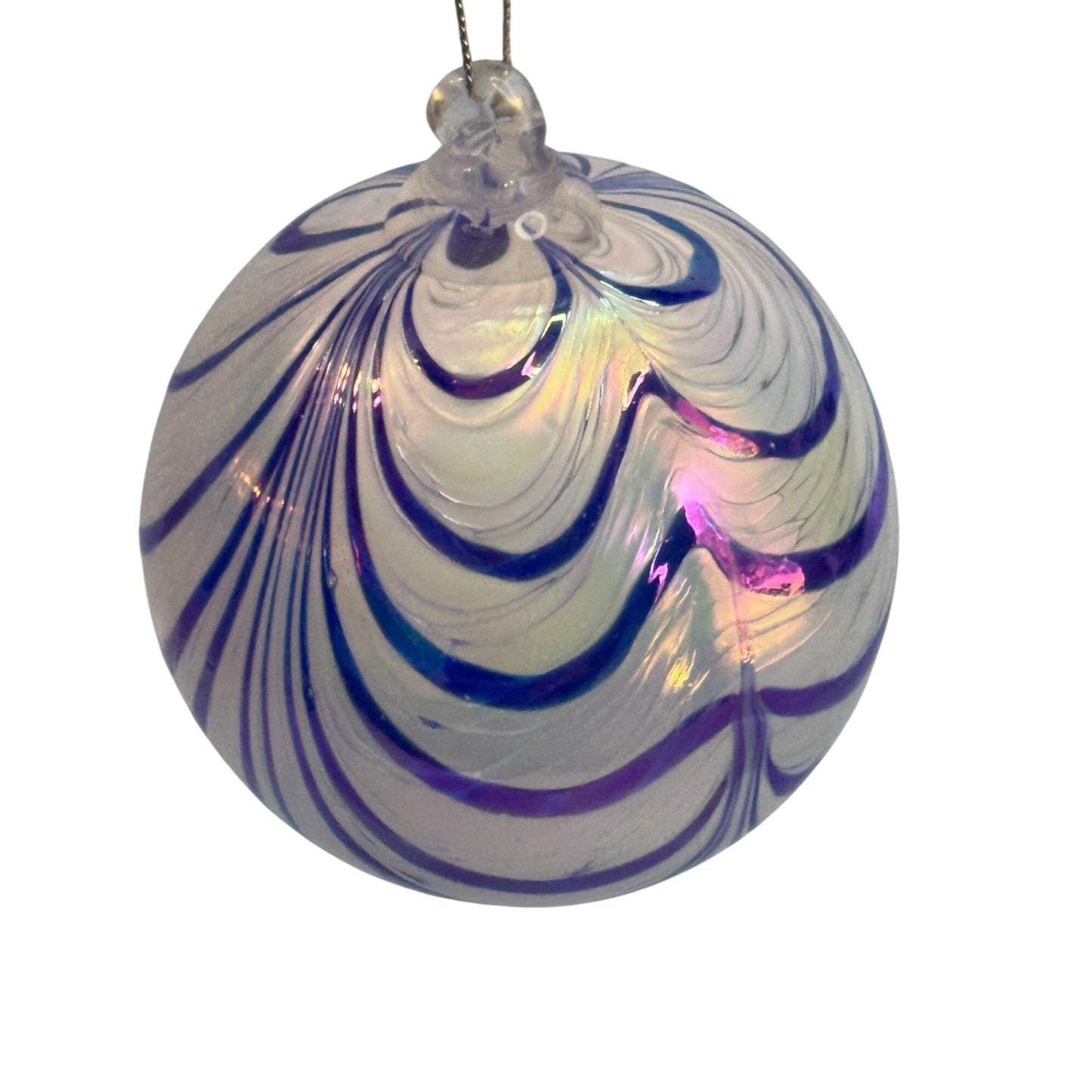Handblown Glass Friendship Ball Ornament Blue Iridescent Swirl 4 Inch