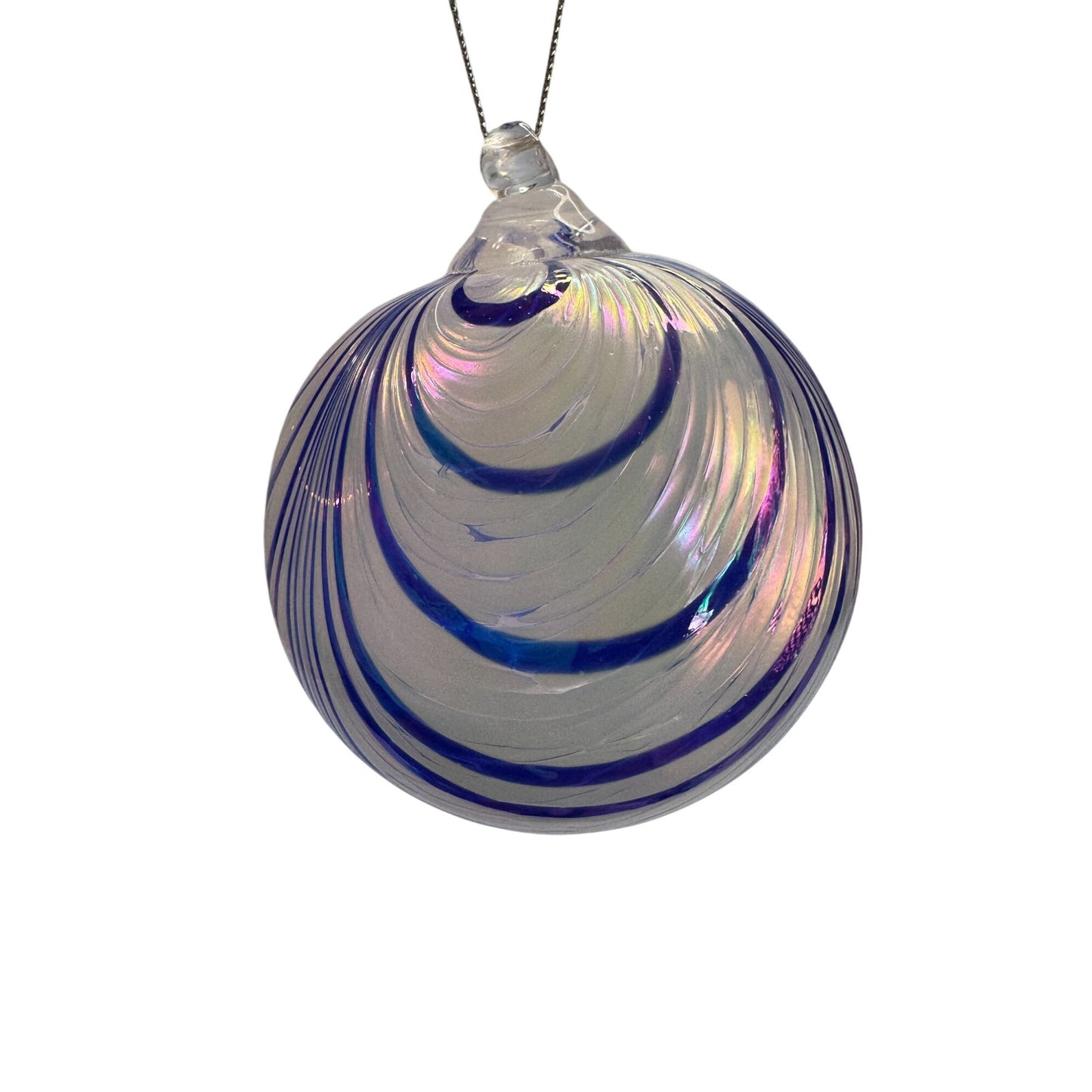 Handblown Glass Friendship Ball Ornament Blue Iridescent Swirl 4 Inch