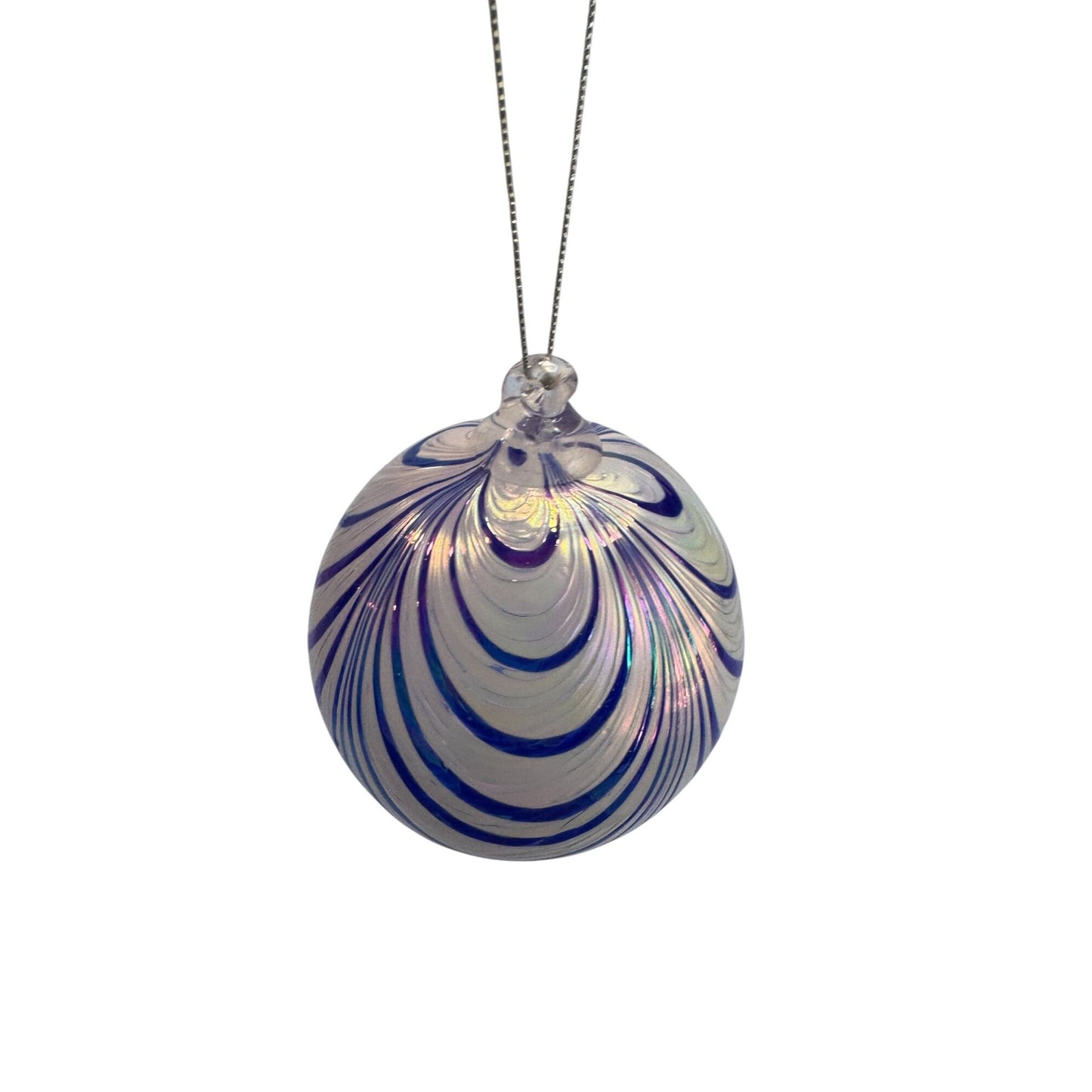 Handblown Glass Friendship Ball Ornament Blue Iridescent Swirl 4 Inch