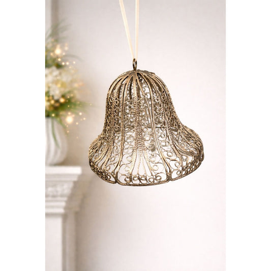 Vintage Silverplate Filigree Bell Ornament With Crystal Clapper 2.25" Holiday Decor