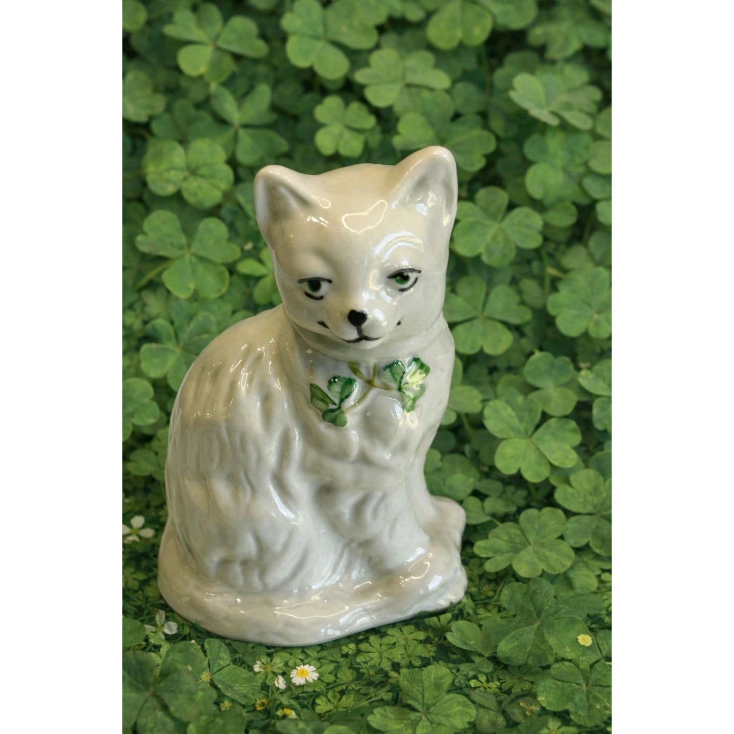 Belleek Irish Porcelain Cat Figurine Green Eyes Shamrock Bow Marked