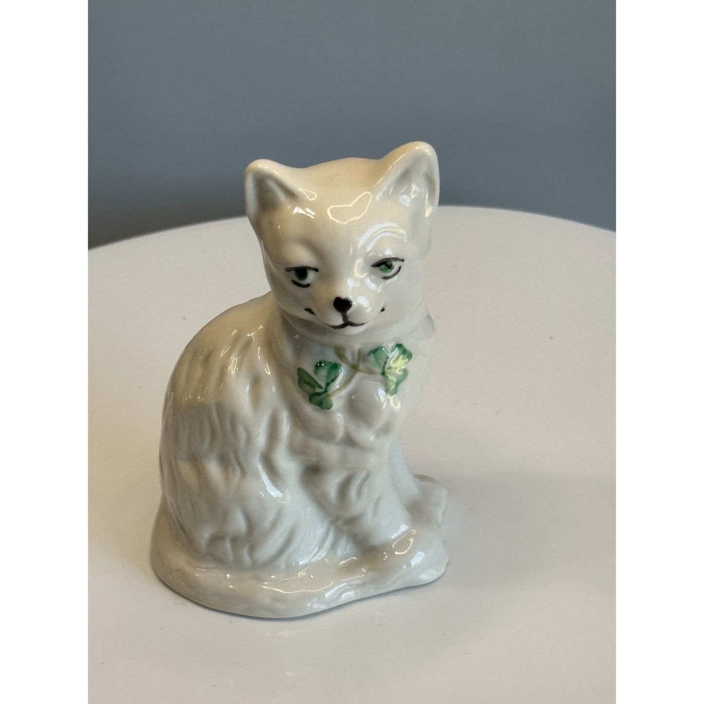 Belleek Irish Porcelain Cat Figurine Green Eyes Shamrock Bow Marked