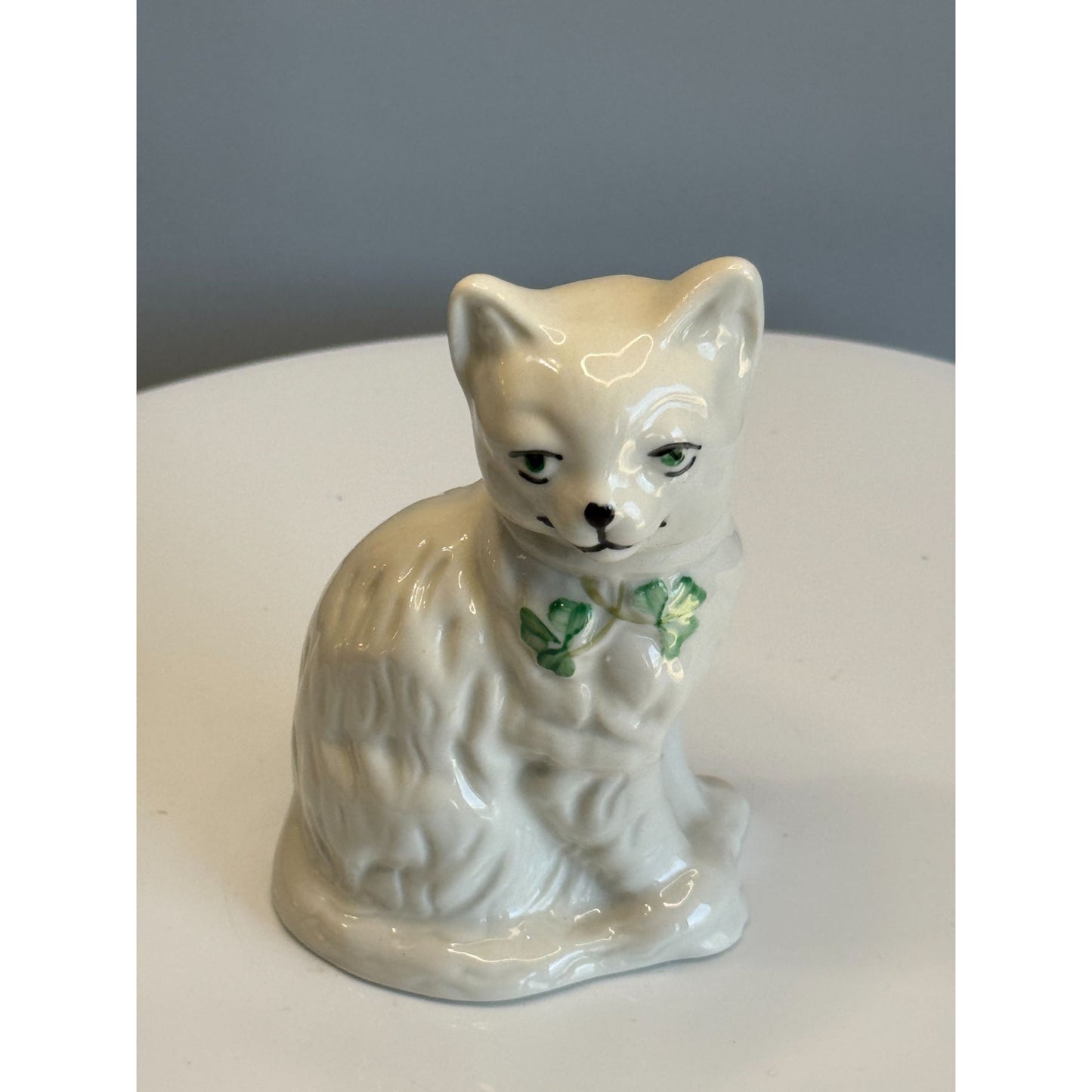 Belleek Irish Porcelain Cat Figurine Green Eyes Shamrock Bow Marked
