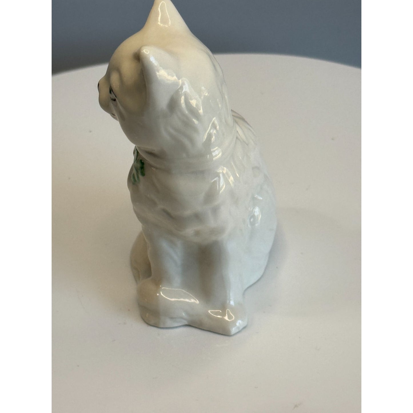 Belleek Irish Porcelain Cat Figurine Green Eyes Shamrock Bow Marked