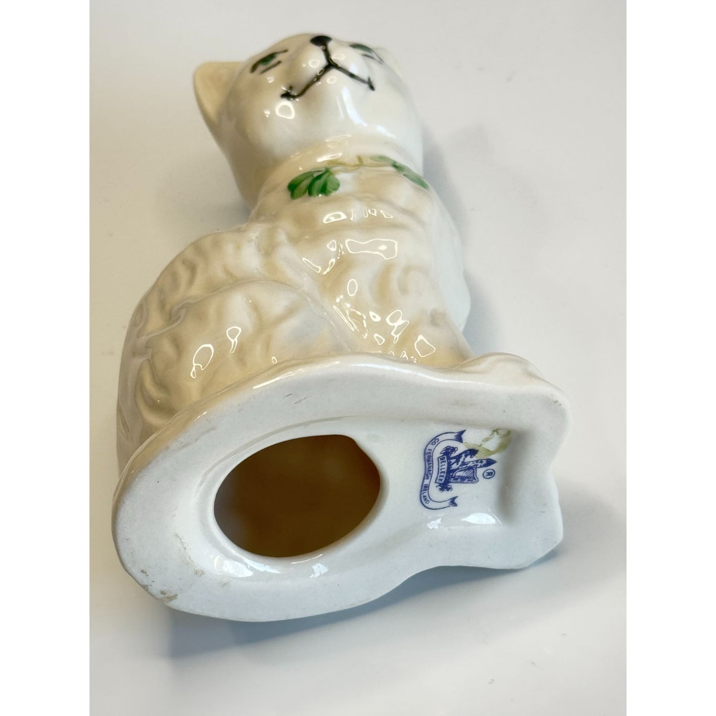 Belleek Irish Porcelain Cat Figurine Green Eyes Shamrock Bow Marked