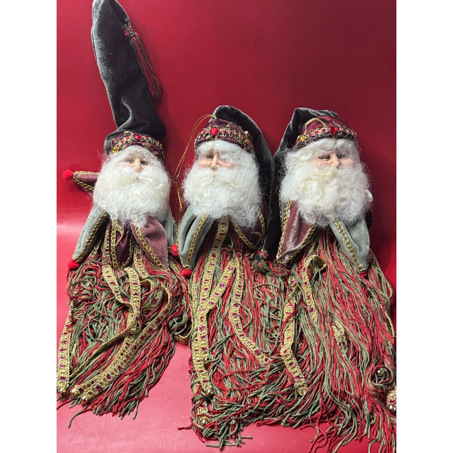 3 Kathreines Collection Santa Claus Christmas Ornaments w/Velvet Hats & Beards