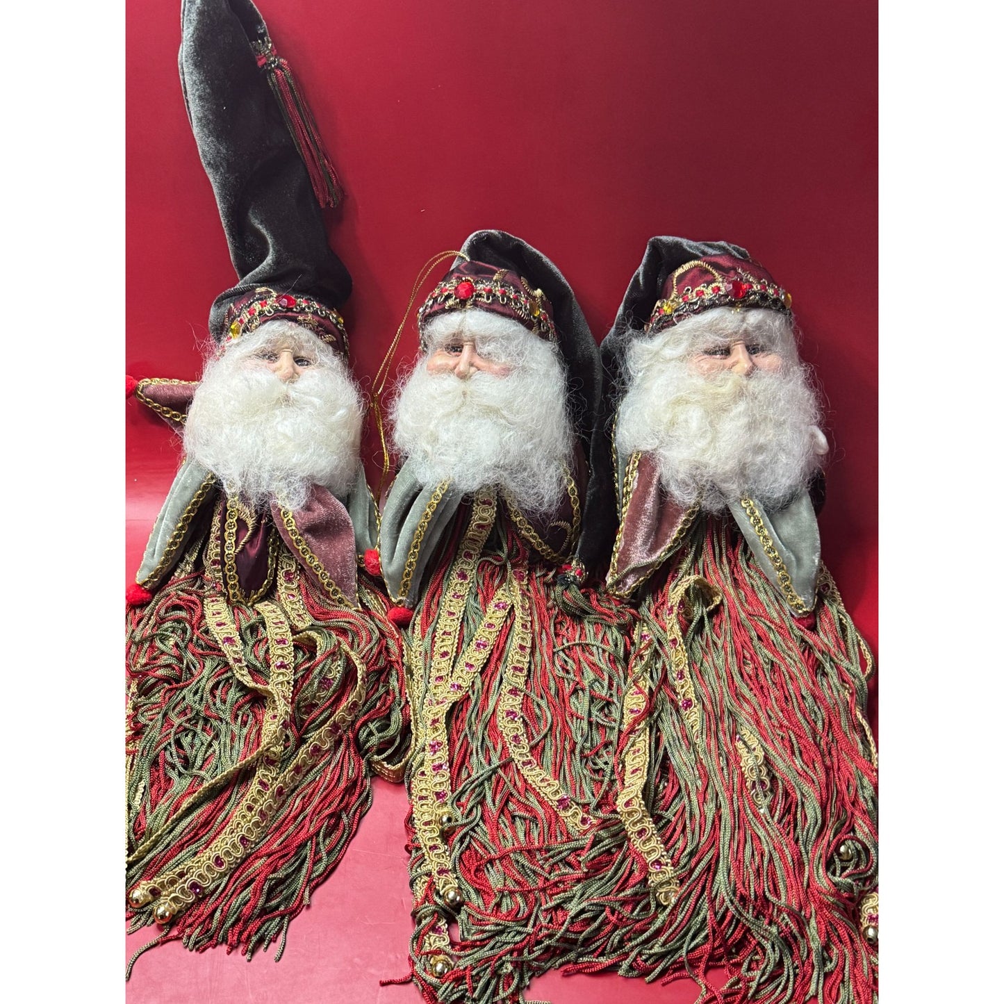 3 Kathreines Collection Santa Claus Christmas Ornaments w/Velvet Hats & Beards