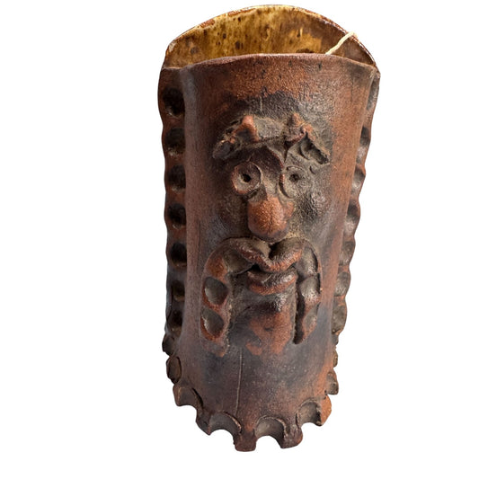 Studio Pottery Face Wall Pocket Vase Rustic Stoneware Folk Art Signed IC 9" Heavy