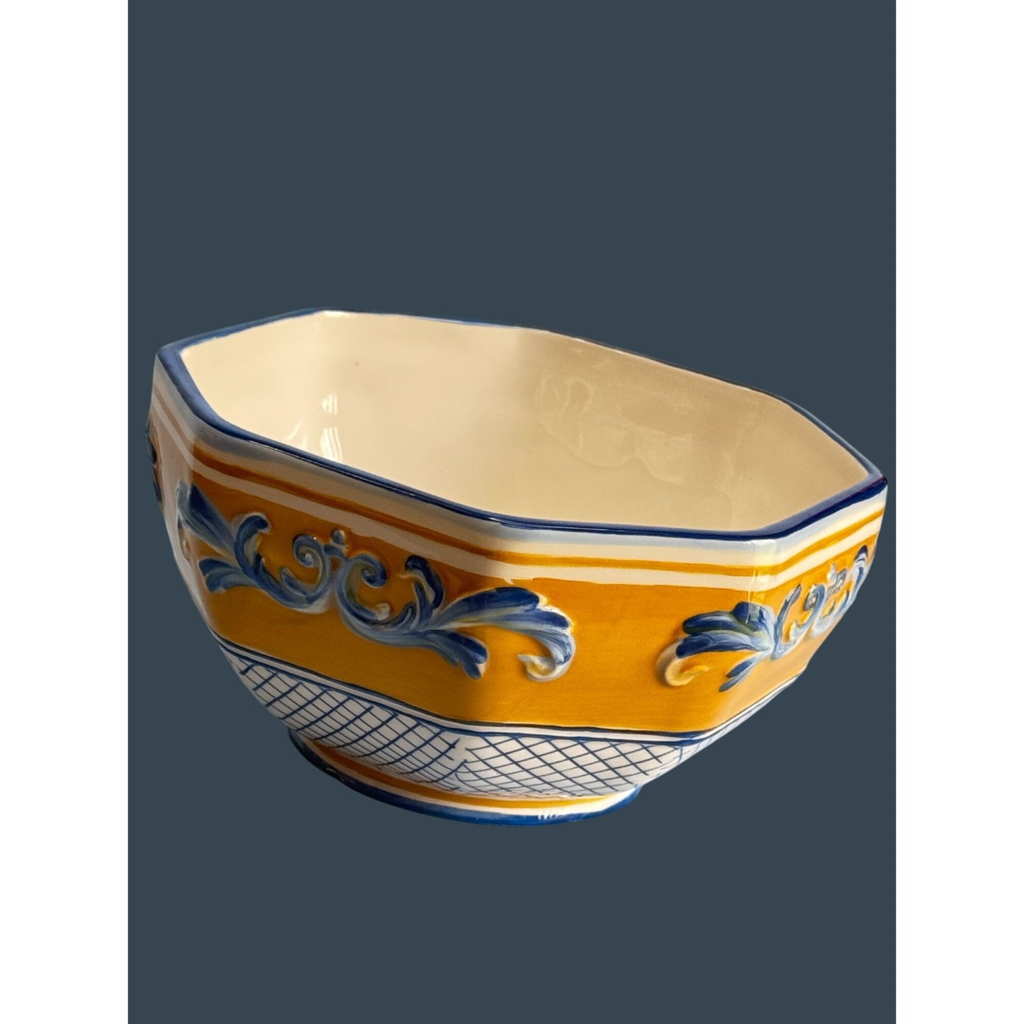 Fitz Floyd Ricamo Trattoria Octagonal Ceramic Bowl Yellow & Blue 6 1/4"