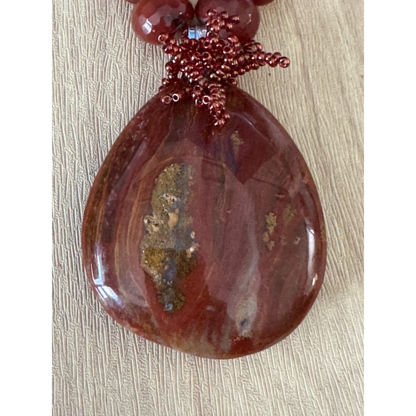 Gorgeous Carnelian Pendant on Carnlian and Orca Agate Strand Necklace w/Earrings