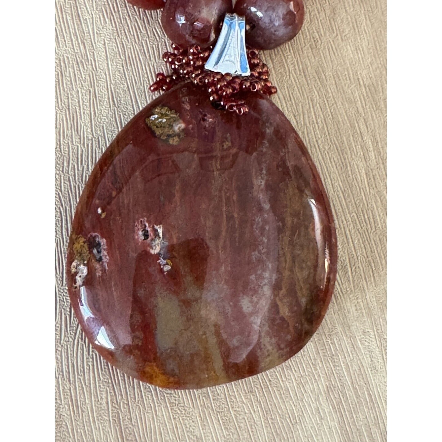 Gorgeous Carnelian Pendant on Carnlian and Orca Agate Strand Necklace w/Earrings