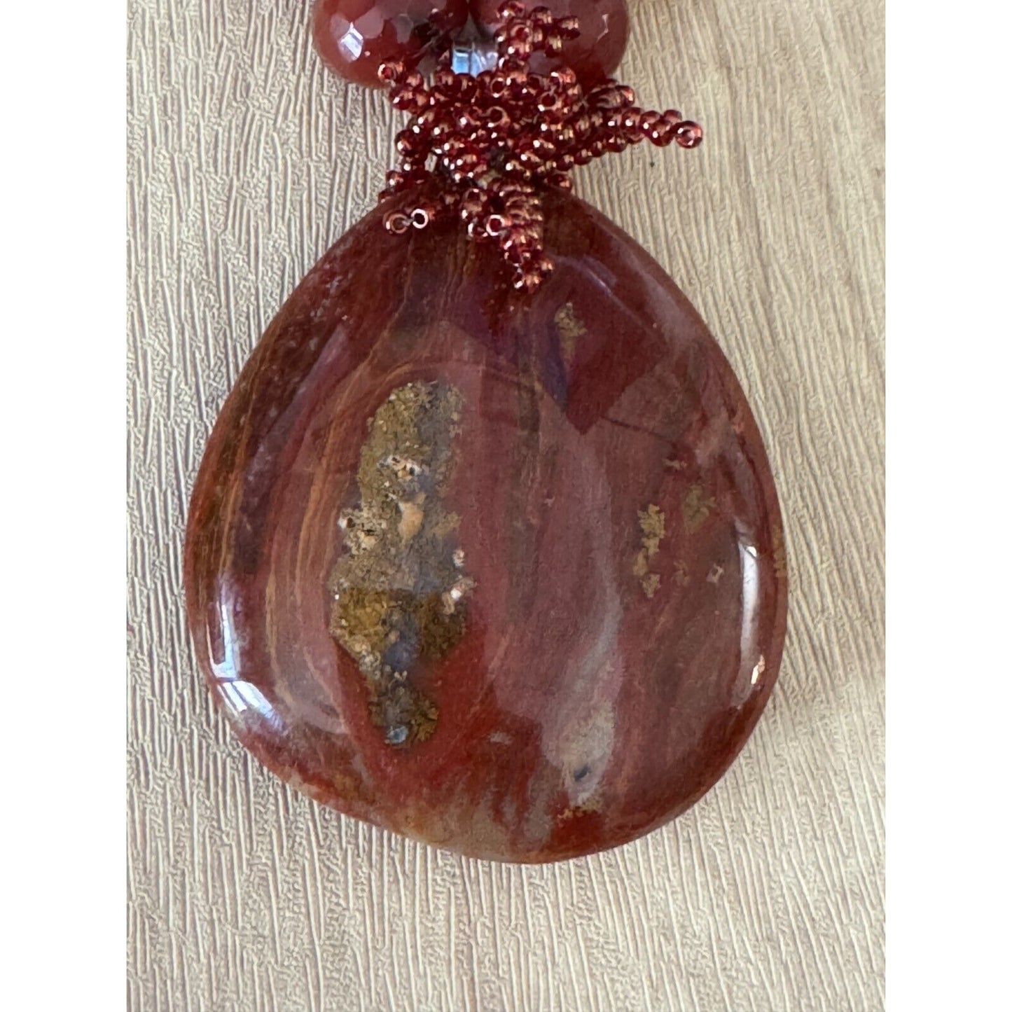 Gorgeous Carnelian Pendant on Carnlian and Orca Agate Strand Necklace w/Earrings